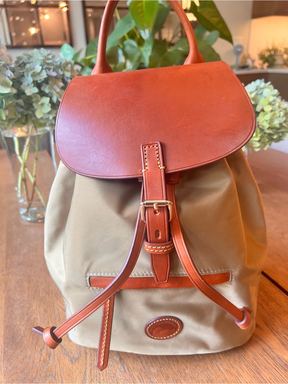 Dooney & Bourke Tan Olive Nylon and Brown Leather top  Old Money Style Backpack